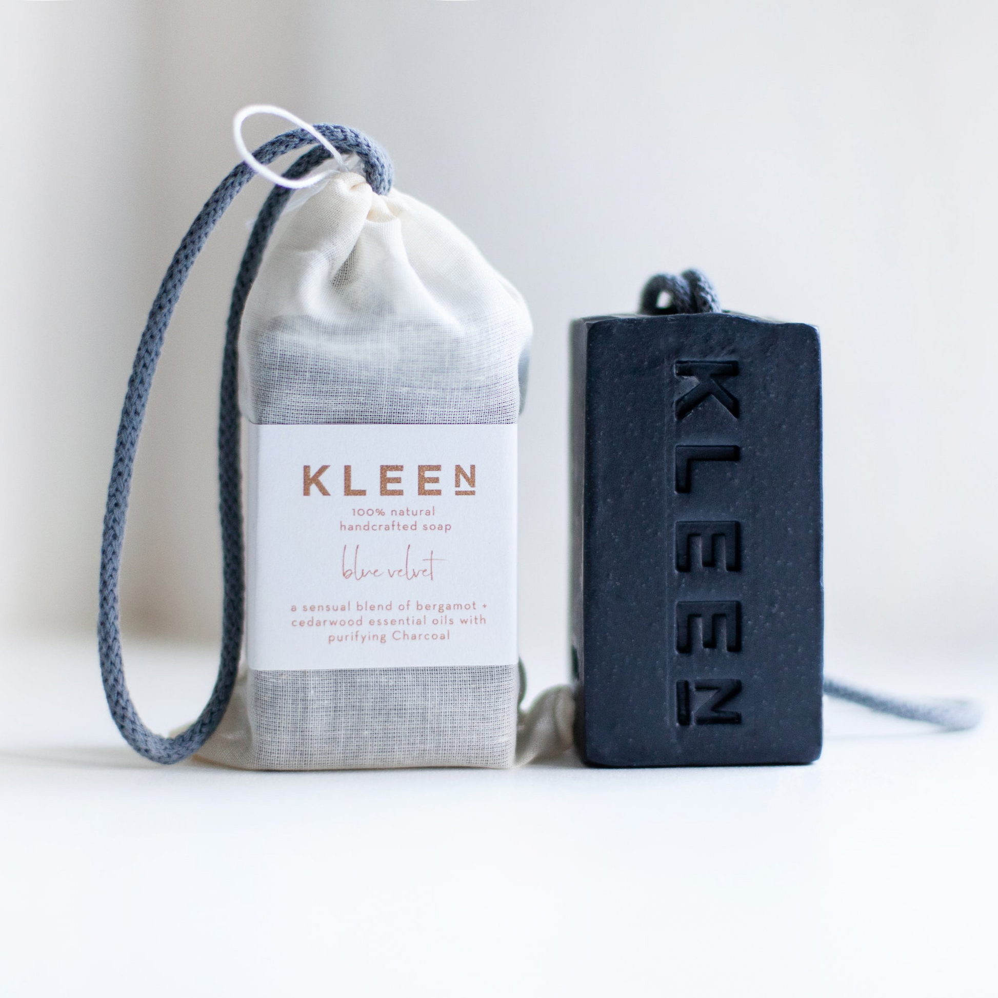 Handmade Eco=friendly Natural Soap On A Rope bar by KLEEN. Blue Velvet 