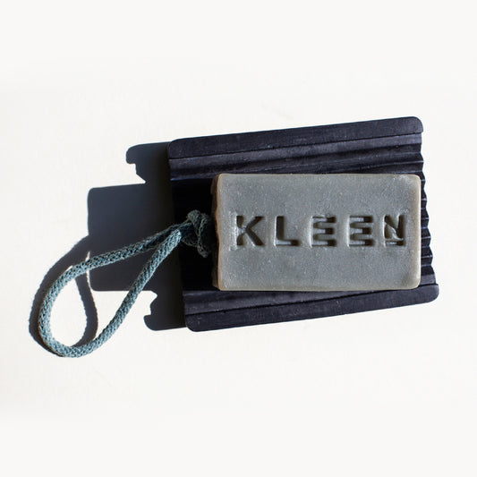 Handcrafted vegan eco-friendly soap on a rope bar on soap dish by natural skincare brand KLEEN