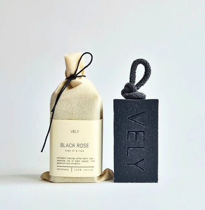 Natural Soap On A Rope | Black Rose with Activated Charcoal