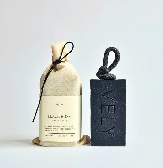 Natural Soap On A Rope | Black Rose with Activated Charcoal